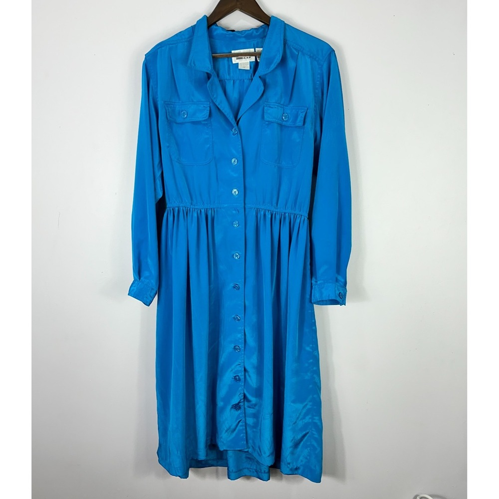 Leslie Fay Shirt Dress Womens 12 Blue Vintage Long Sleeve Button Front Midi 80s